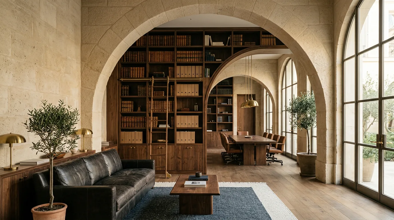 Escritório com biblioteca, sala de reunião e recepção