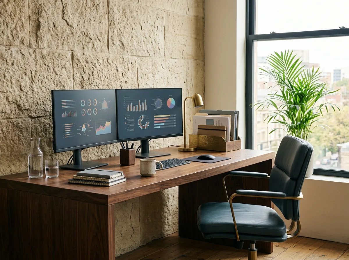 Mesa de trabalho organizada em escritório de contabilidade